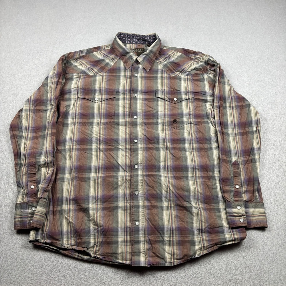 Roper Mens XL Plaid Western Pearl Snap Shirt Brown Purple Long Sleeve Casual